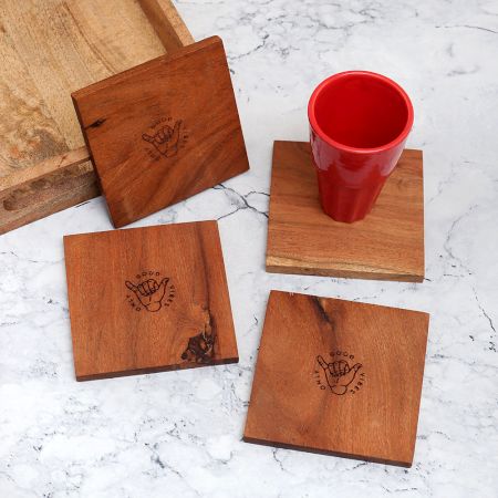 Square Shaped Brown Wooden Coasters - Pack of 4